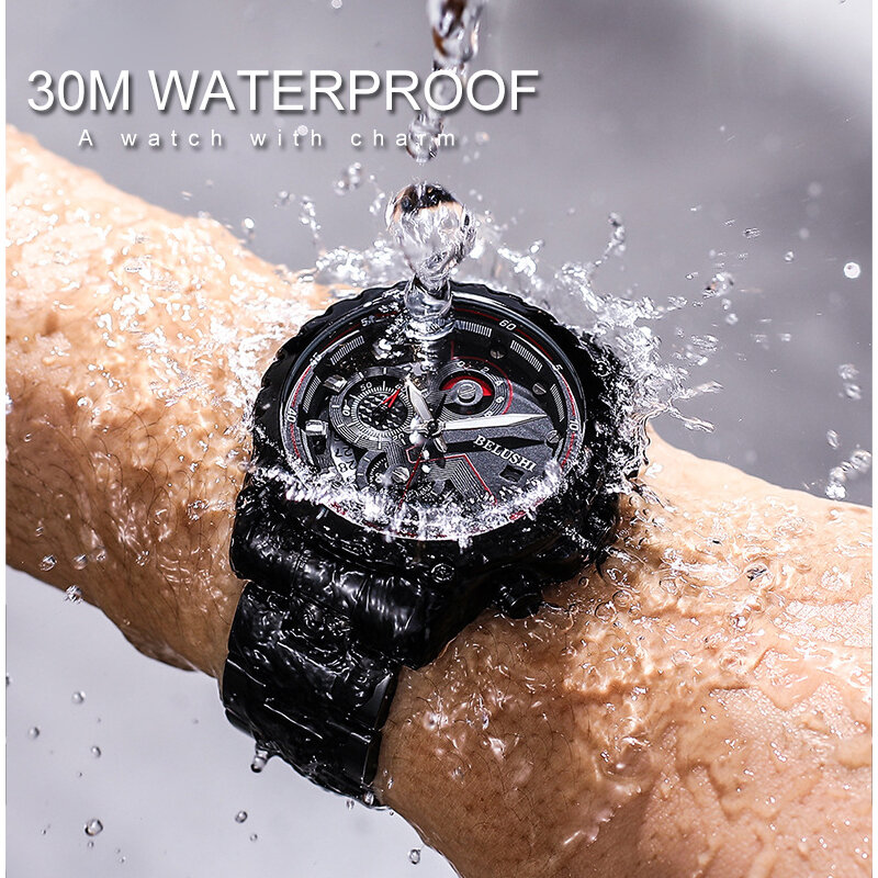 Moda nowy 2021 męskie zegarki BELUSHI luksusowe Chronograph pełna stali nierdzewnej wodoodporny zegarek kwarcowy mężczyźni data zegar sportowy