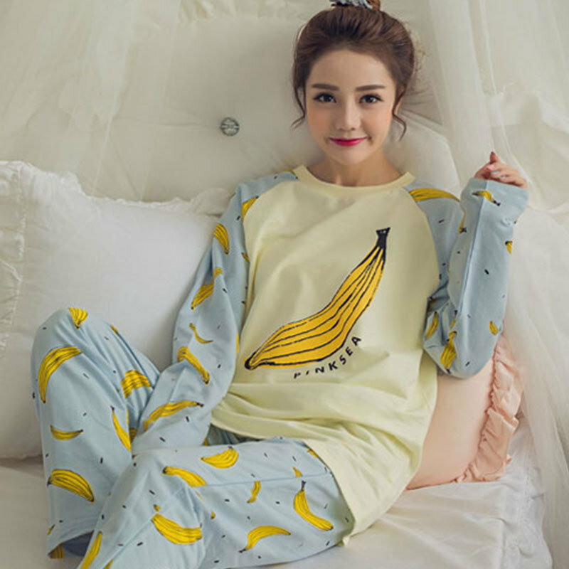 Pijamas femininos de duas peças pijamas conjunto de manga comprida tops + calças pijamas outono inverno feminino impressão dos desenhos animados casa wear