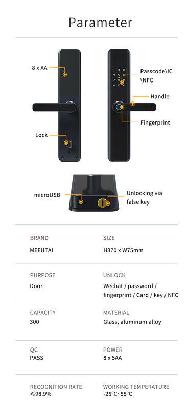 قفل الباب الإلكترونيRAYKUBE واي فاي, مع تطبيق Tuya عن بعد/البصمة البيومترية/البطاقة الذكية/كلمة المرور/مفتاح فتح FG5 Plus