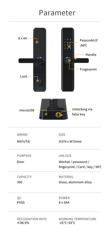 RAYKUBE Wifi 전자 도어 잠금 장치, Tuya 앱 원격/생체 인식 지문/스마트 카드/암호/키 잠금 해제 FG5 Plus