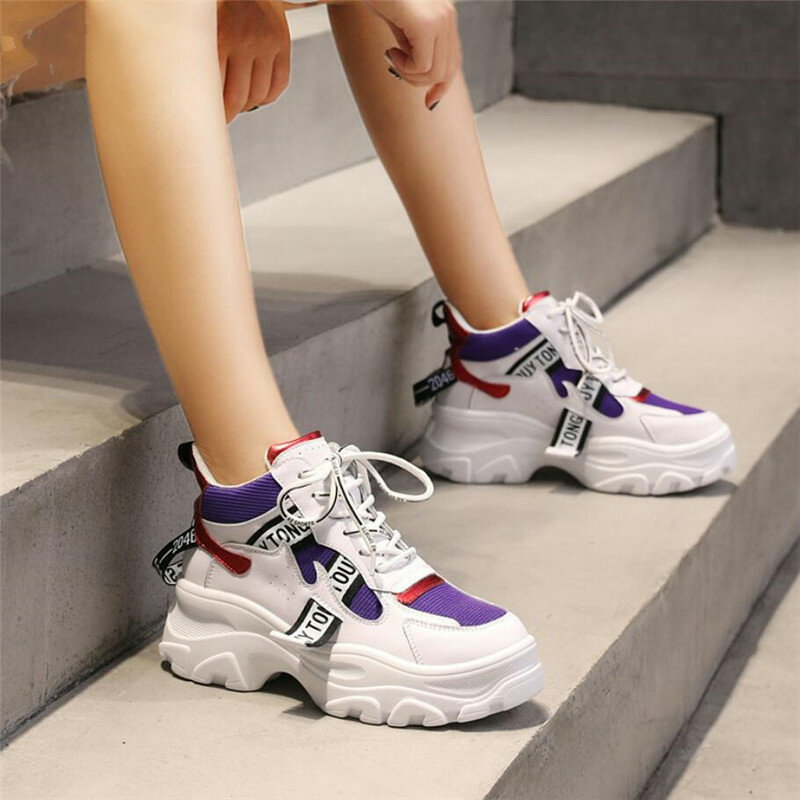 Zapatillas de deporte gruesas con plataforma para mujer, zapatos planos de suela gruesa a la moda, calzado de cuero, Primavera, 2020