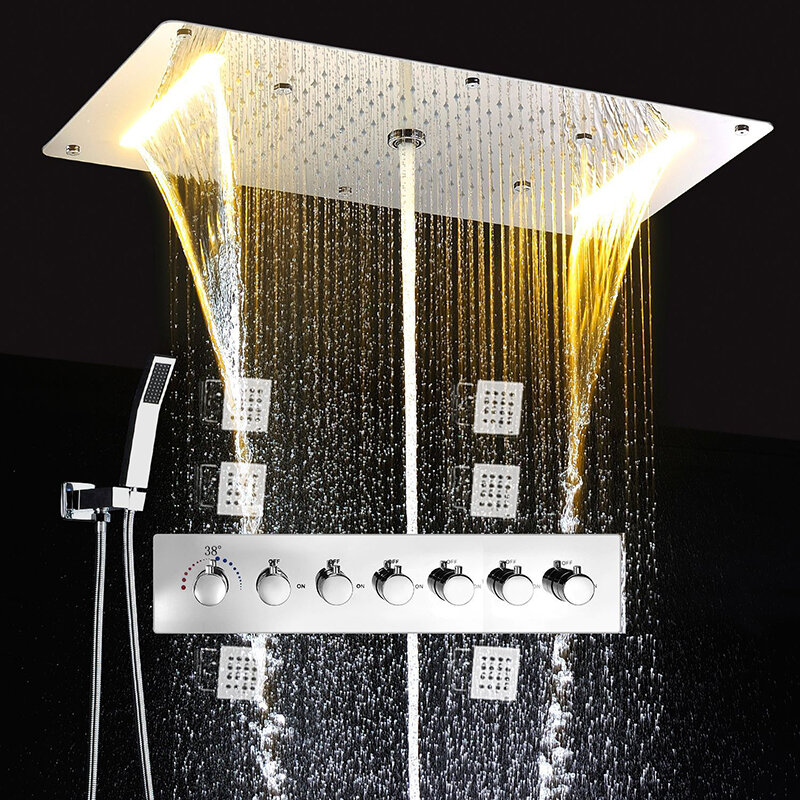 Душевой набор для ванной комнаты, смеситель «Водопад» с светодиоды для потолка в душе насадками, термостатический Скрытый кран для горячей ...