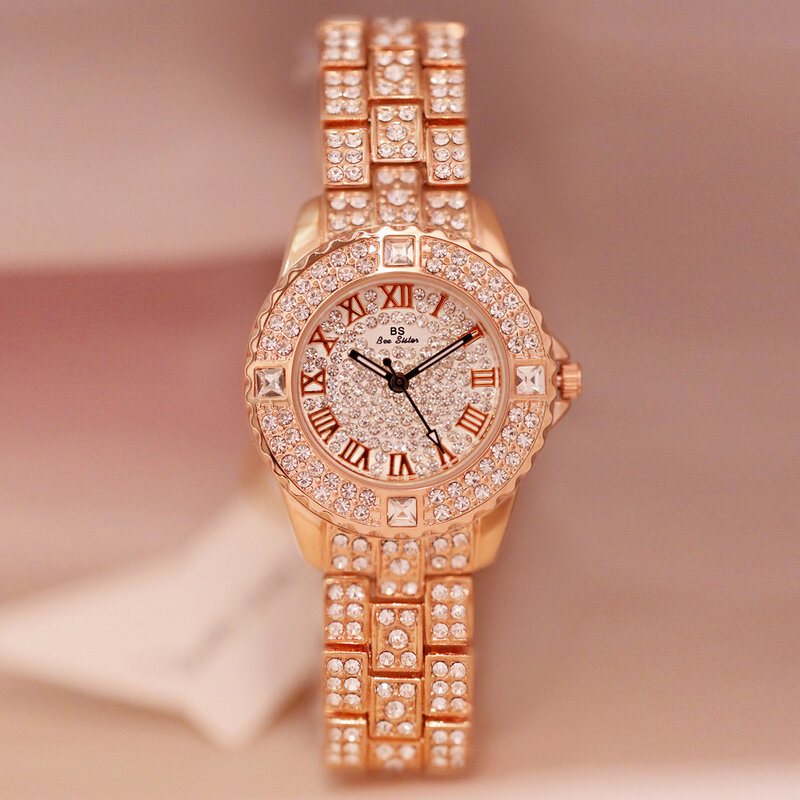 Bs Iced Luxe Crystal Diamond Vrouwen Horloge 32Mm Rose Goud Zilver Bling Bling Armband Cadeau Aan Vriendin Relogios femeninos