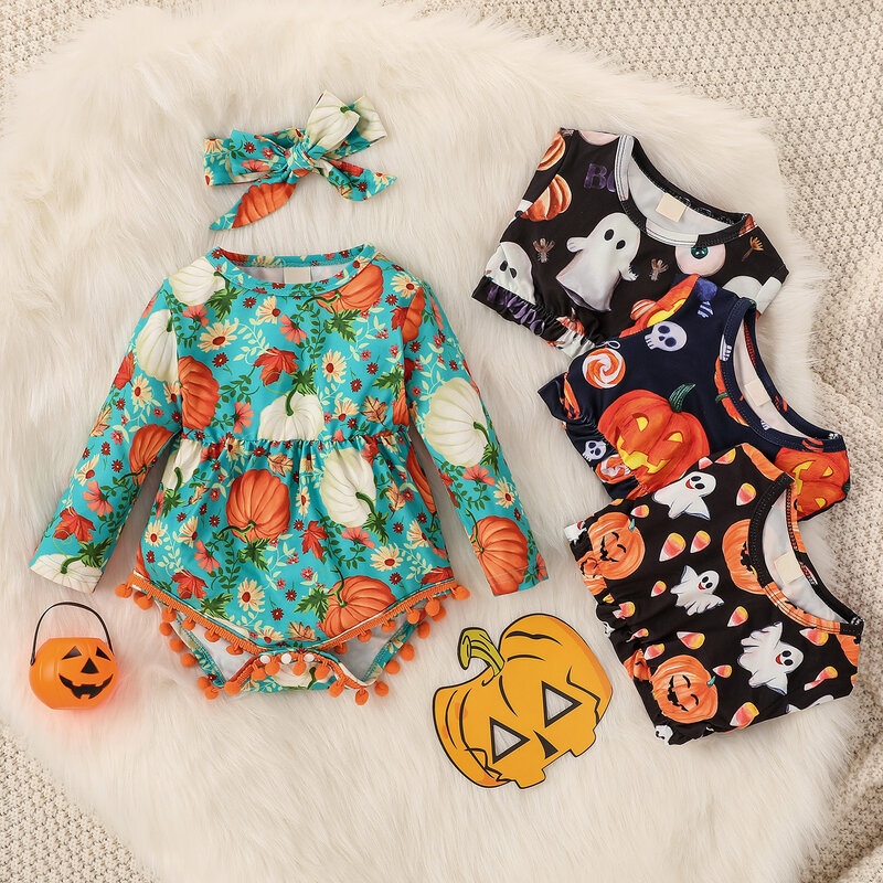 Macacão infantil para meninas e bebês, roupinha estampa de desenho animado para halloween, macacão com tiara para recém-nascidos, roupas de manga comprida