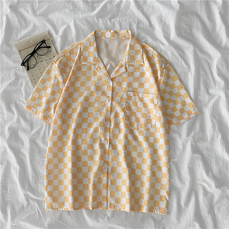EBAIHUI-camisa a cuadros para mujer, blusa elegante de manga corta con estampado informal, camisa holgada informal, Tops de verano, 2021