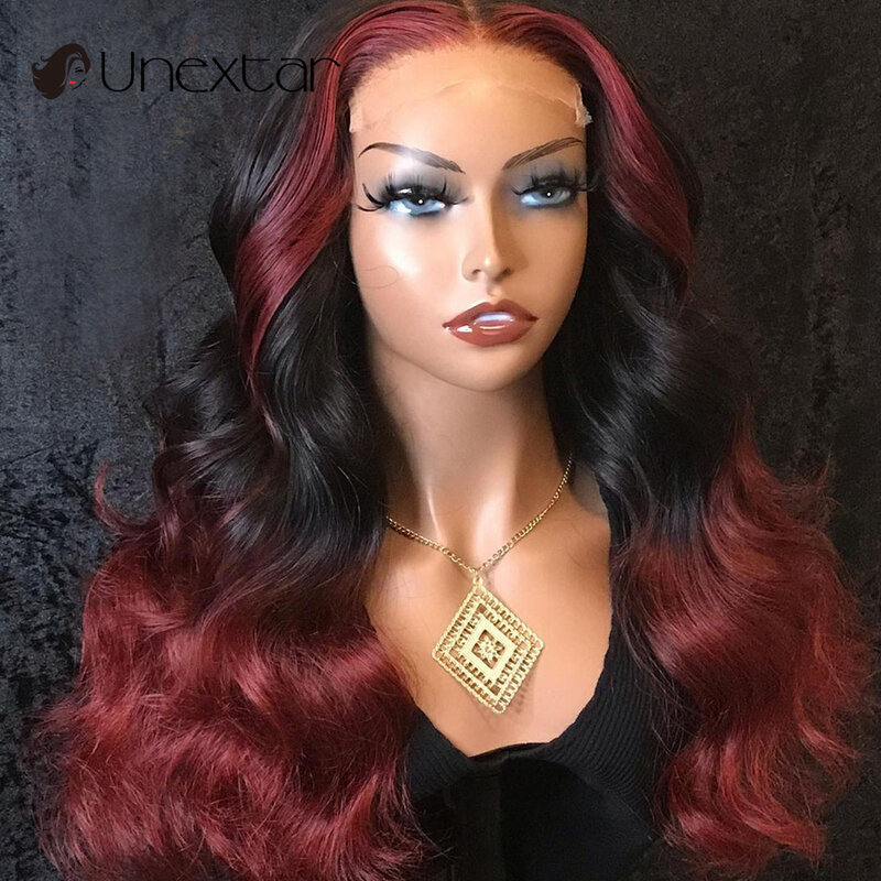 Wyróżnij peruka ludzki włos bordowym kolorze 13x4 koronki przodu peruki wstępnie oskubane Remy brazylijski ludzki włos peruka z lokami dla kobiet
