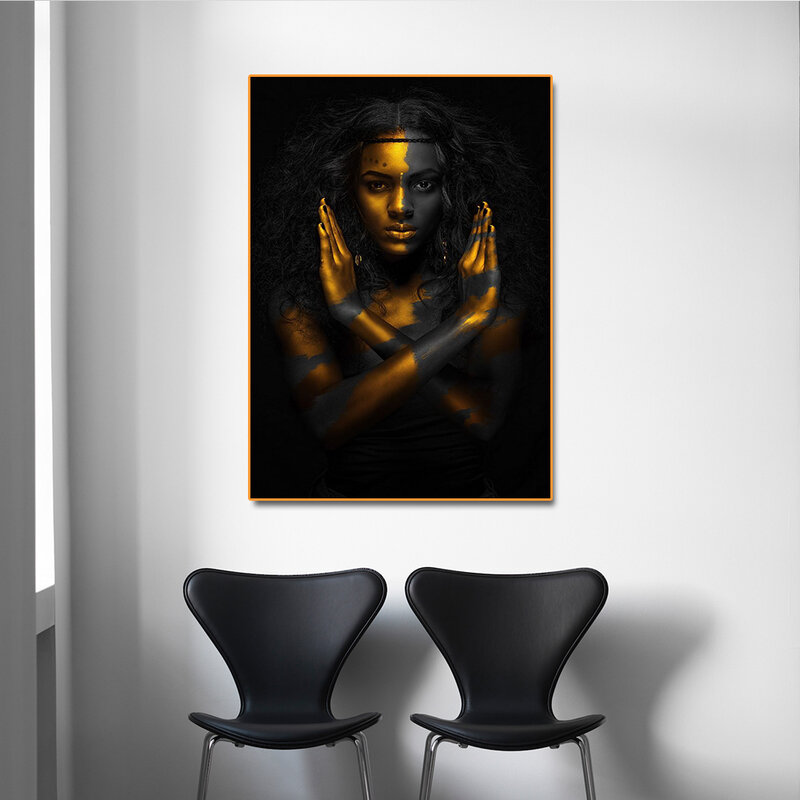 Cuadro moderno de piel negra para mujer, arte de pared dorado, pintura en lienzo, carteles, decoración para sala de estar, Cuadros sin marco