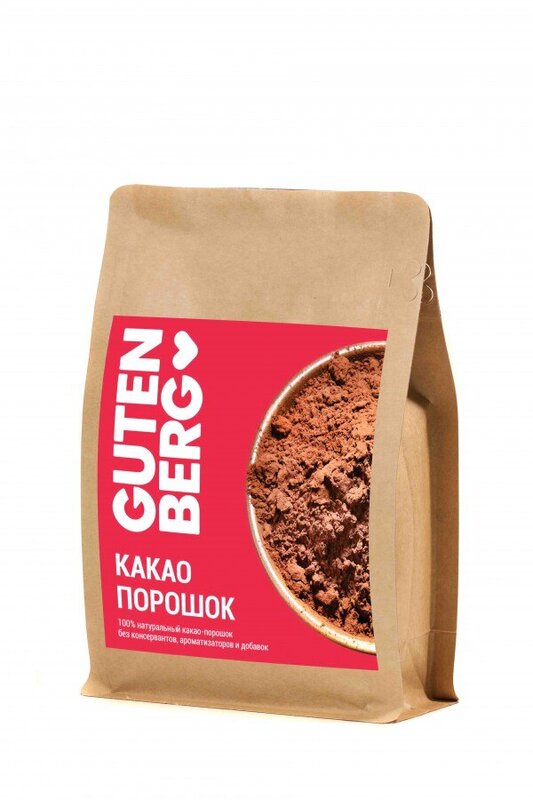 100% натуральный какао-порошок Gutenberg. Без консервантов, ГМО, ароматизаторов и добавок. Уп. 200 г