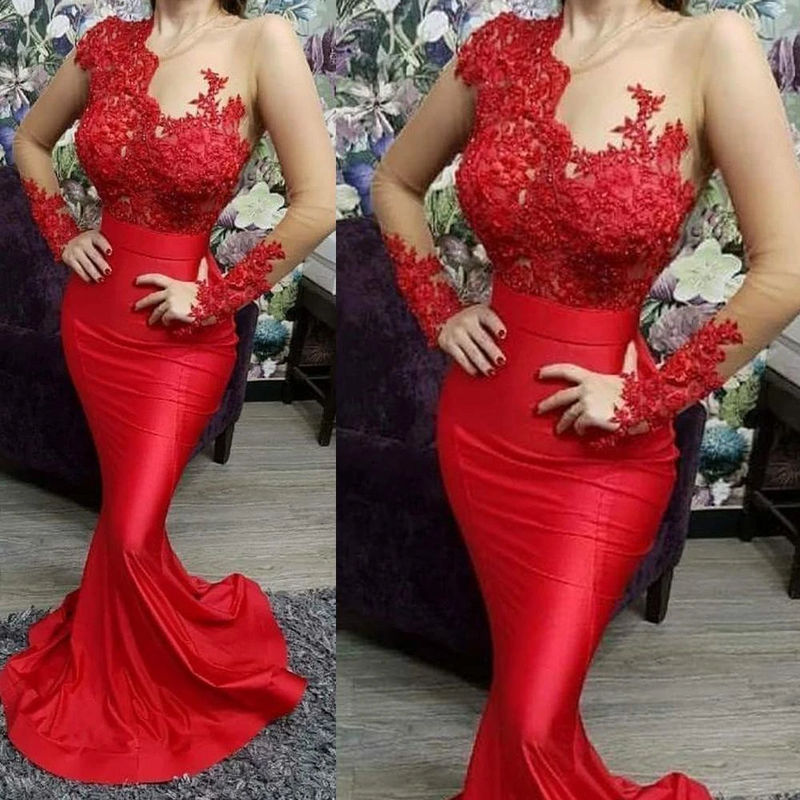 Illusion Long Sleeves Red Prom Dresses 2022 Women Formal Party Appliques Lace Beading Mermaid Prom Gown robe de soiree