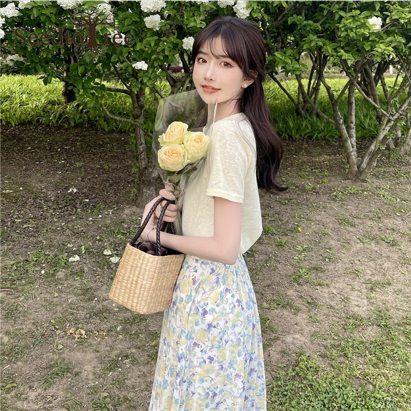 Falda de longitud media hasta la pantorrilla para mujer, Vestido largo de verano, estilo coreano, con estampado Floral