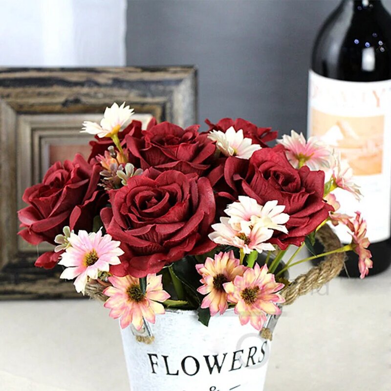 Ramo de flores artificiales de seda, Rosa Blanca de alta calidad para decoración de bodas, flores falsas rojas para Decoración de mesa del hogar