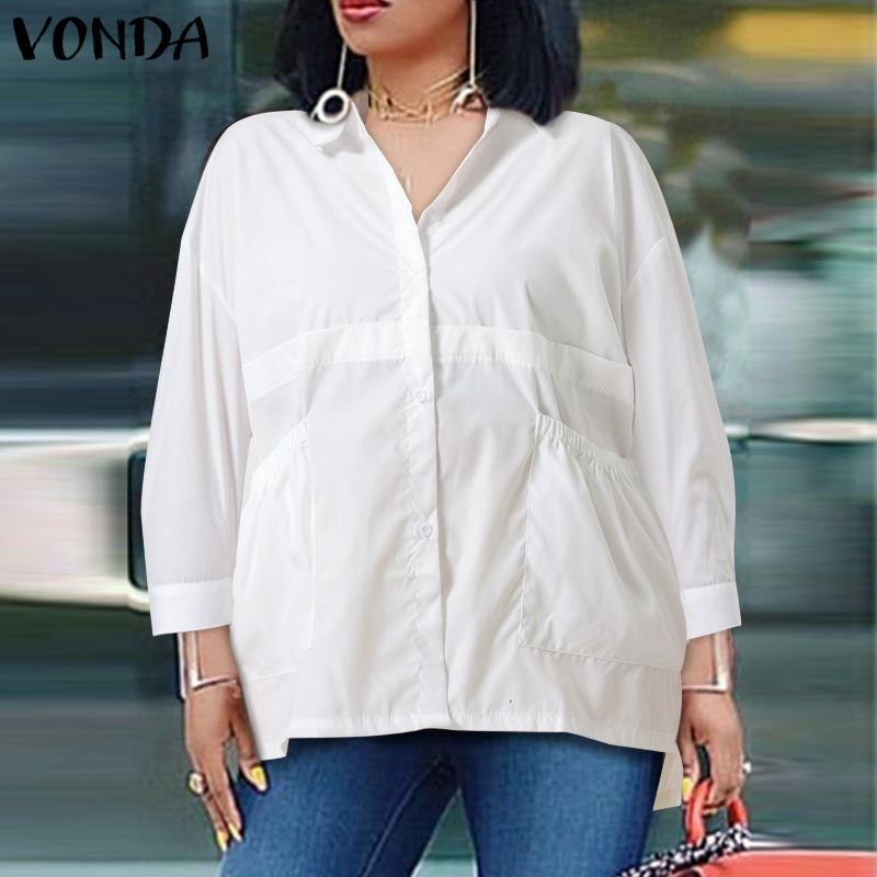 Autumn Shirts VONDA Women Solid Color Chemise Tops Casual Long Sleeve Elegant Blouse Plus Size OL Office Formal Bohemian Blusas