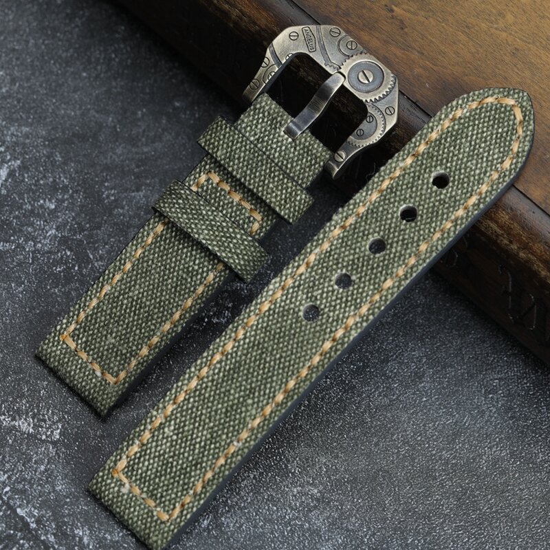 Handmade Canvas + Leather Watchband 20 22 24 26MM Compatible Bronze Strap  Personalized Bronze Buckle