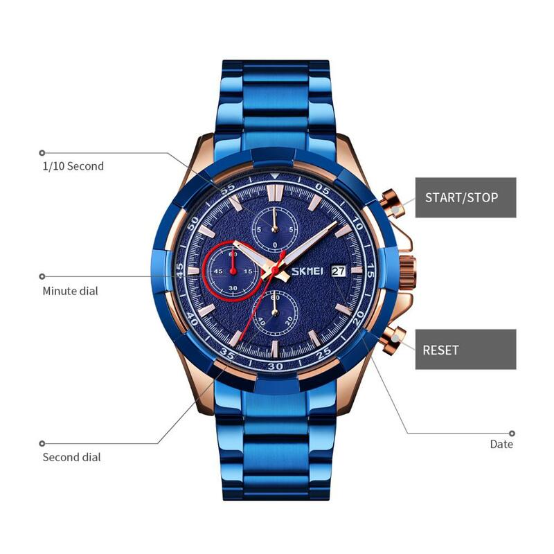 Moda zegarki kwarcowe zegarek męski luksusowa marka SKMEI data stoper męski zegarek ze stali nierdzewnej wodoodporne godziny pracy