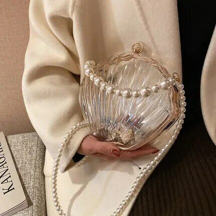 Bolso de mano transparente con cadena de perlas para mujer, bandolera a la moda, nuevo de tendencia, transparente, portátil