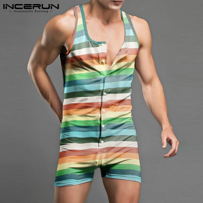 INCERUN Summer Button Fitness Bodysuit Sleepwear Men Leisure Striped Pajama Rompers Sleeveless Round Neck Onesies Homewear 5XL 7