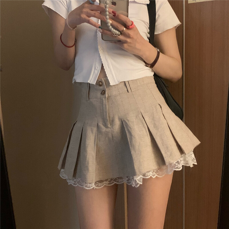 Милый и острый костюм с юбкой, Корейская однобортная блузка с воротником-поло, кружевная плиссированная блузка из хлопка и льна