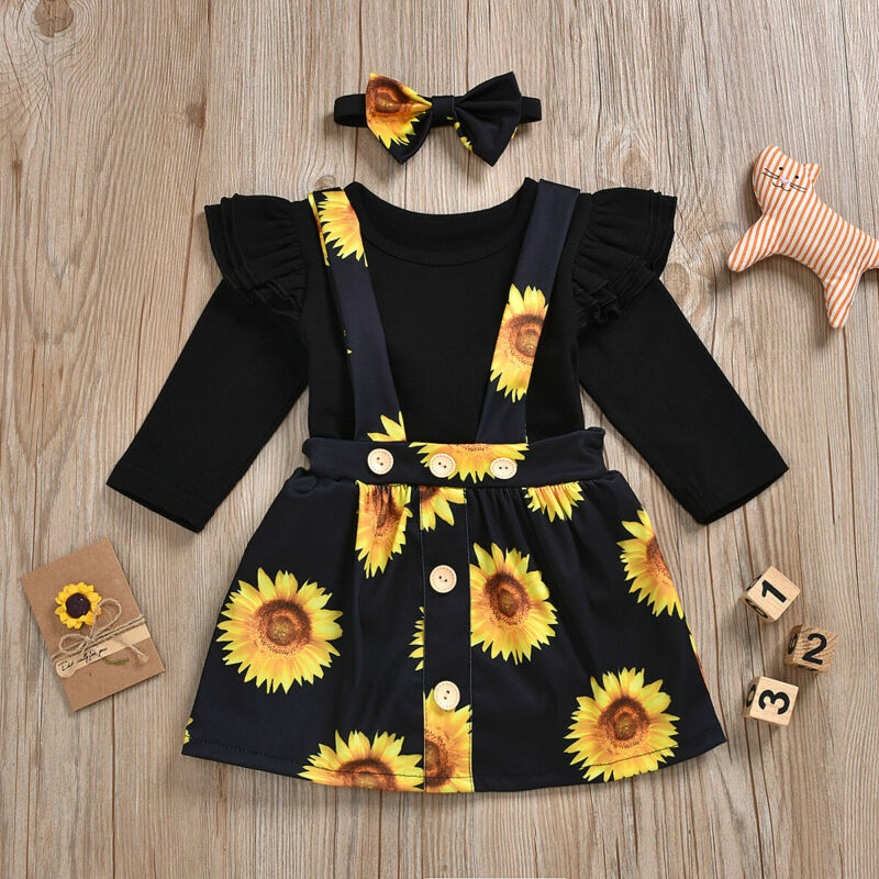 Neugeborenen Kinder Baby Mädchen 2PCS Sets Floral Sonnenblumen Kleidung Jumpsuit Körper Anzug Hosenträger Rock Outfit Set Sommerkleid Neue