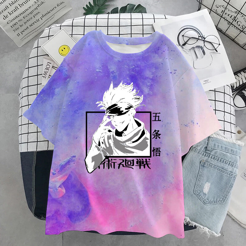 Jutsu-Tシャツ,半袖,ラウンドカラー,カジュアル,タイダイ,アニメ,ファッション