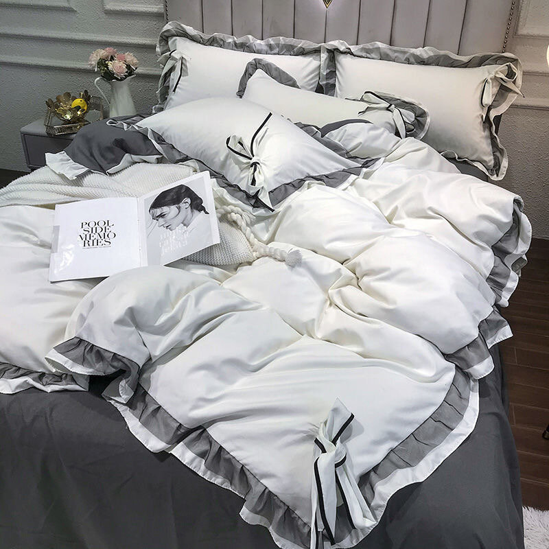Set biancheria da letto trapunta in pizzo bianco biancheria da letto con fiocco Set letto Super morbido Queen Set copripiumino 220x240CM