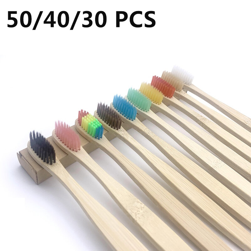 50 pçs escova de dentes eco-friendly arco-íris bambu cerdas macias escova de dentes biodegradável cepillo bambu sólido bambu lidar com escova de dentes