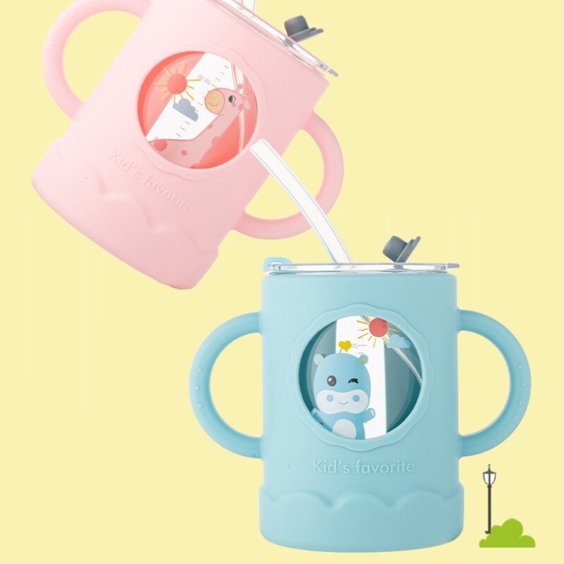 Taza de leche antiincrustante con dibujos animados para niños, sin BPA bote de vidrio, resistente a las caídas, para calentar leche en polvo