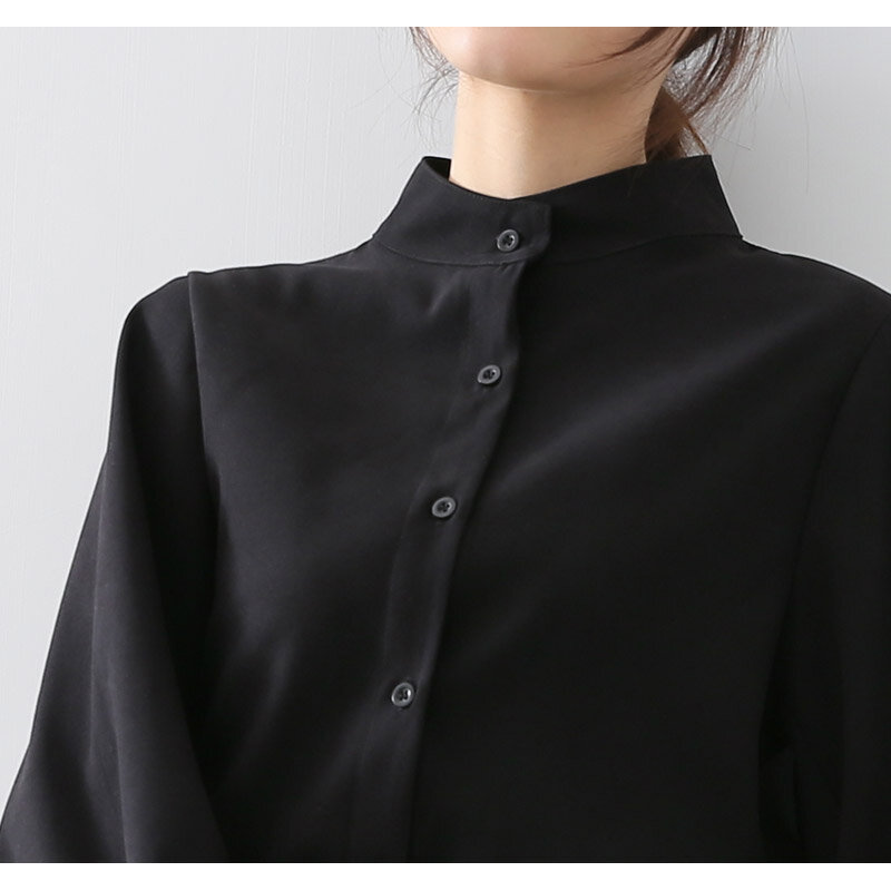 Блузка женская однобортная с воротником-стойкой, Офисная рубашка с большими рукавами-фонариками, однотонная винтажная одежда для работы, О...