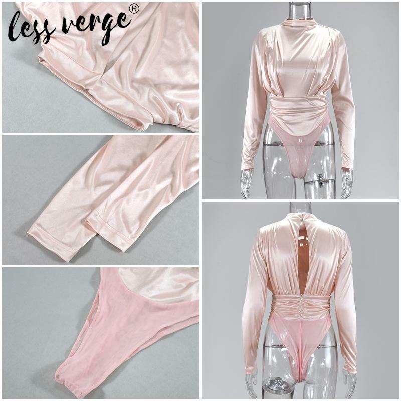 Lessverg Long Sleeve Satin Silk Pink Bodysuit Elegant Office Backless Turtle-Neck Women Autumn Winter Ladies Romper Playsuit