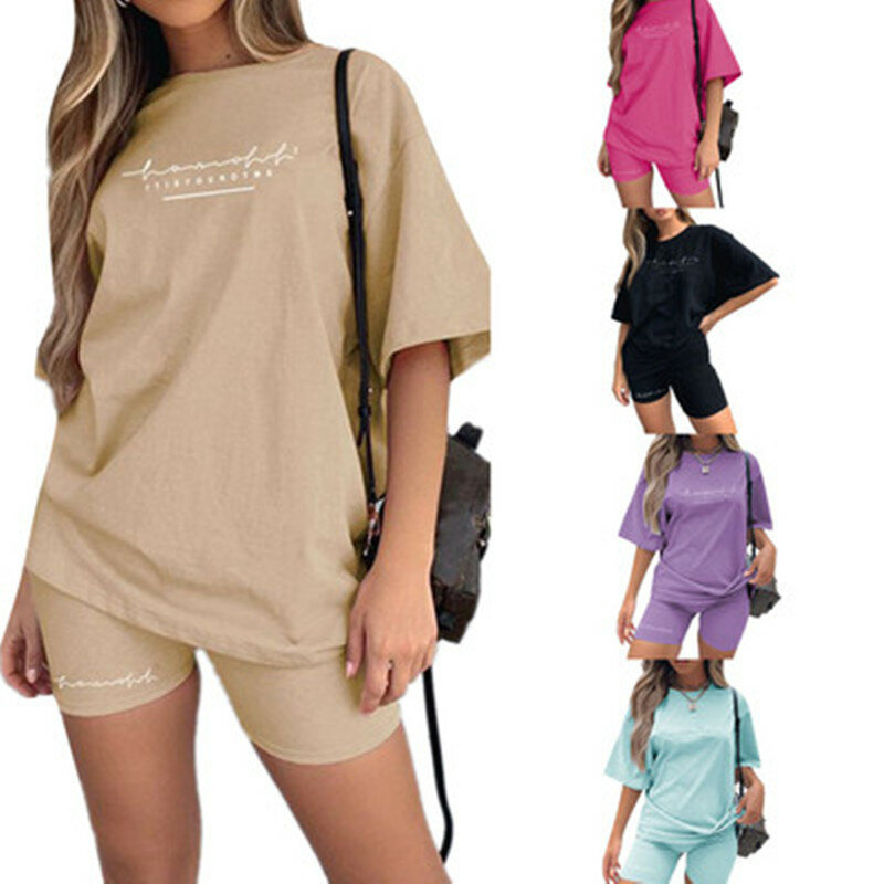 O pescoço casual cor sólida printingtwo-piece conjunto feminino com cinto moda casual esportes shortssets roupas de fitness 2021 verão