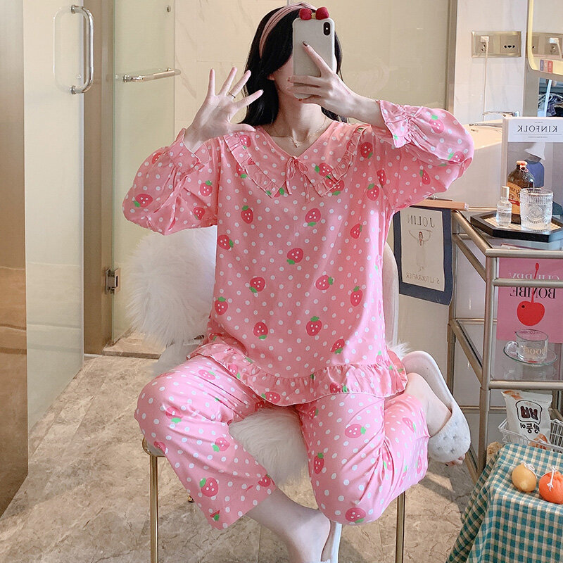 Piyama Poplin Perempuan Musim Semi dan Musim Gugur Lengan Panjang Manis Buatan Pakaian Katun Gaya Jepang Kotak-kotak Mungkin Pakaian Luar Boulette