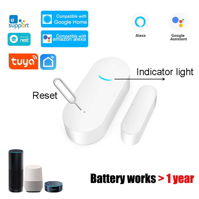 Tuya-sensor de porta inteligente, wi-fi, detecta se a porta está aberta ou fechada, sensor de janela magnético, alarme de segurança para casa, funciona com alexa e google home