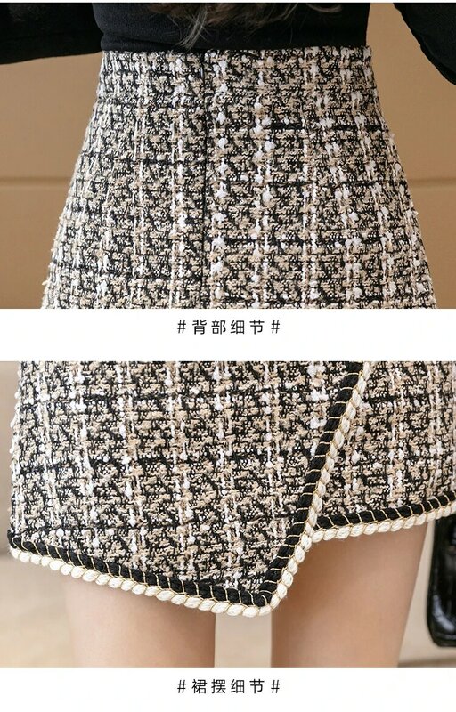 Faldas de Tweed a cuadros para mujer, faldas adelgazantes de cintura alta, botones de lana mezclada, de otoño, 2021