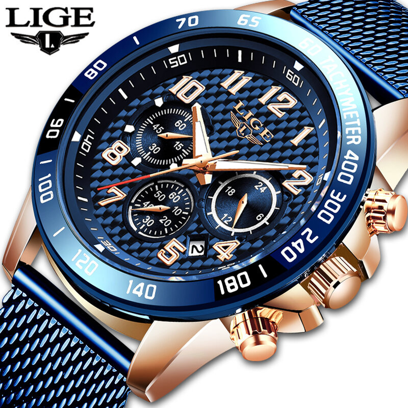 LIGE – montre de Sport à Quartz pour hommes, étanche et lumineuse, bracelet maille bleue, chronographe en acier inoxydable, mode de luxe, 2020