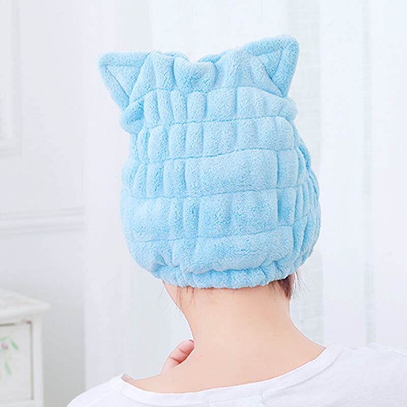 Gato orelhas forma bonito acessórios de banho coral veludo cabelo seco chapéu de microfibra sólida womens cap secagem toalha cabeça envoltório chapéus de chuveiro