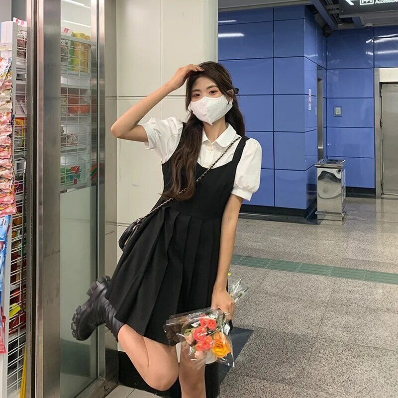 Vintage vestido de uma peça coreano manga curta elegante y2k mini vestidos femininos casual gótico vestido preto verão 2021 kawaii lolita