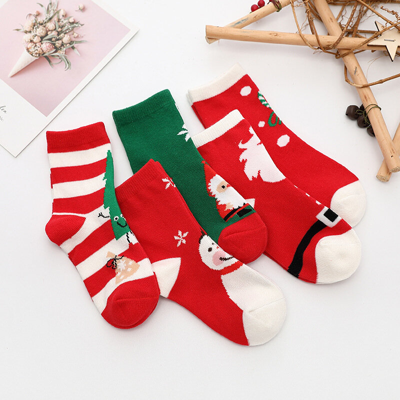5 Pairs /lot Kids Soft Cotton Socks Baby Boy Girl Cute Cartoon Warm Stripe Fashion Christmas Socks Autumn Winter Accessories