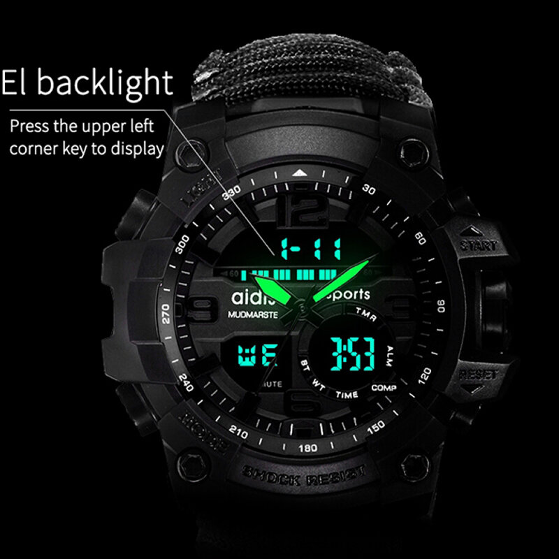 Addies zegarek wojskowy z kompasem mężczyźni mają wodoodporny gwizdek Alarm stoper zegar Sport cyfrowy nadgarstek zegarek montre homme
