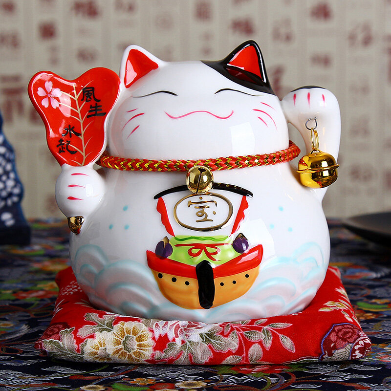 Maneki Neko-gato de la suerte de cerámica japonés, decoración del hogar, adornos regalos de empresa, caja de dinero de gato de la suerte, Feng Shui artesanal, 4,5 pulgadas