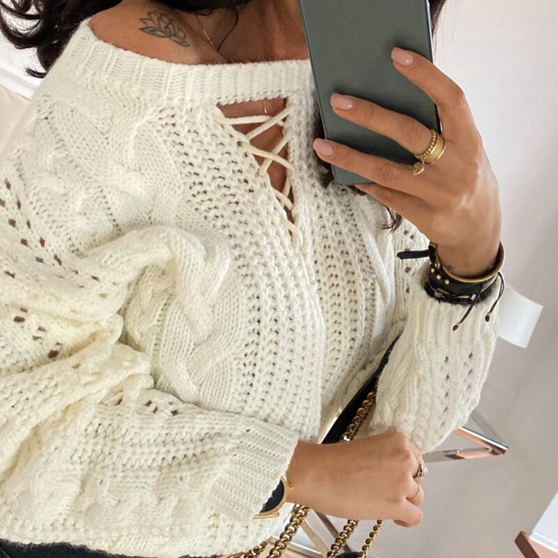Vrouwen Herfst Chic Hollow Out Bandage Gebreide Sexy O Hals Off Shoulder Trui Top Winter Casual Lange Mouwen Solid Trui