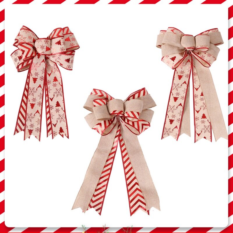 Christmas Bow Double-layer fine linen stitching striped bow Double-layer linen stitching maple bow Christmas tree decoration Bow