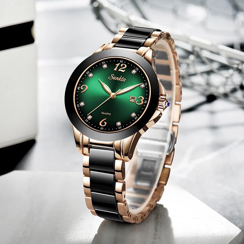 Sunkta 2022 relógio feminino moda luminosa mãos data lndicator pulseira de aço inoxidável quartzo relógios de pulso senhora verde água fantasma