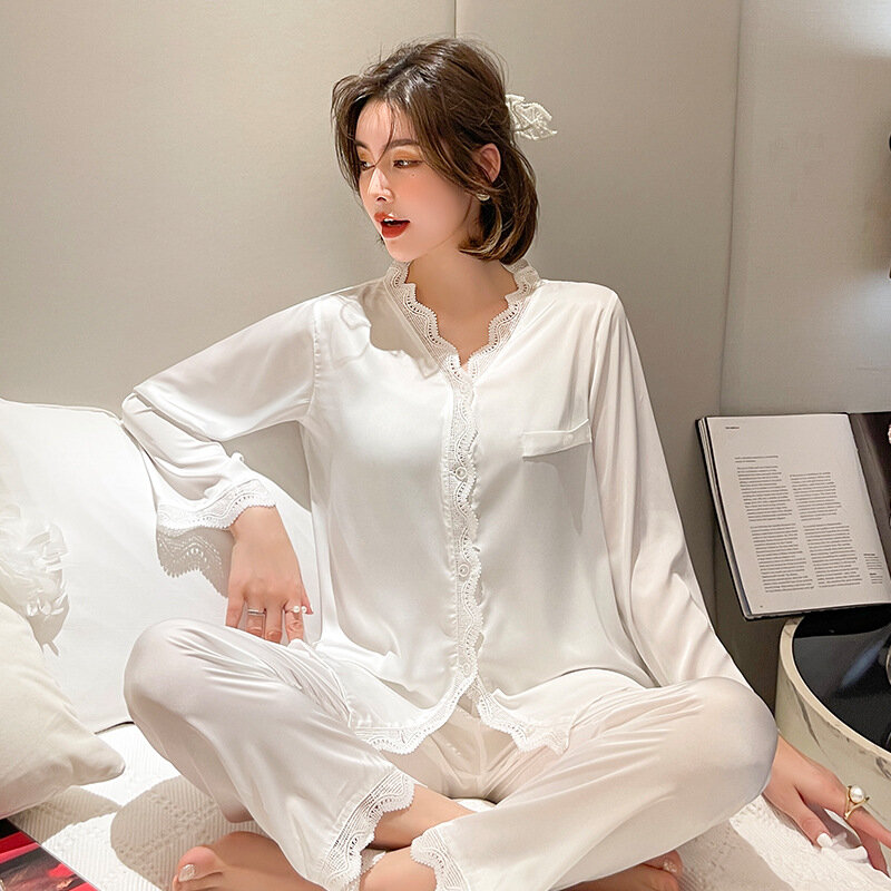 Pijamas de seda de imitación de encaje para mujer, traje de dos piezas, red de servicio a domicilio, sexy, nuevo, otoño