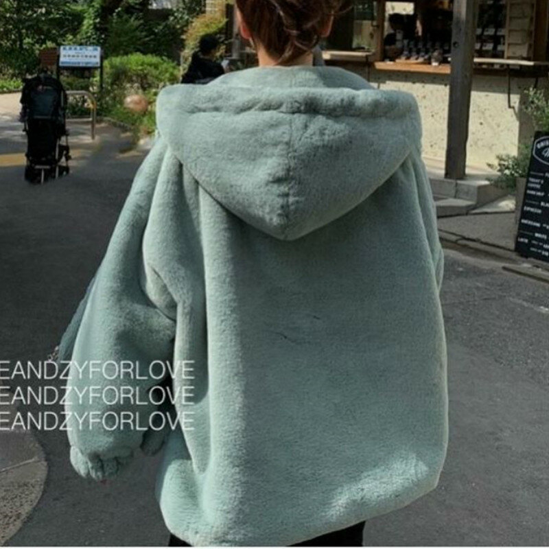 Manteau de luxe en fausse fourrure de lapin pour femme, à capuche, ample, épais et chaud, surdimensionné, en peluche, grande taille, hiver