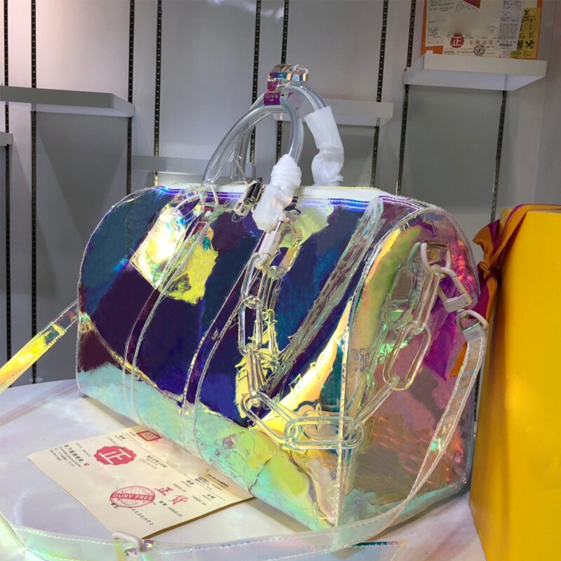 Luksusowa holograficzna marka nowy nadruk przezroczysty o dużej pojemności torebka sportowa wysokiej jakości PVC sportowe rekreacyjne torby krótkie dista