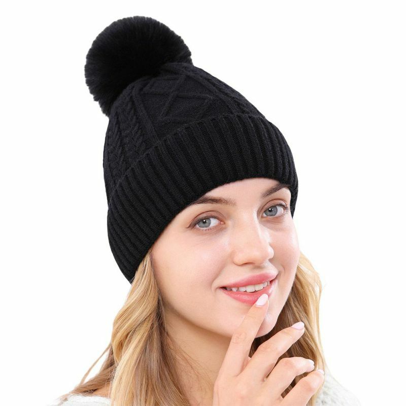 Frauen Chunky Gestrickte Beanie Kappe Trendy Kabel Hüte Mit Faux Pelz Pom Warme Weiche Komfort Solide Farbe Schädel Kappe