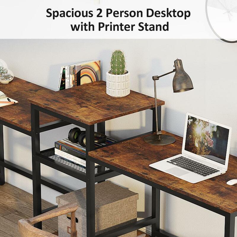 Tribesigns 96.9 "podwójne biurko komputerowe z półką drukarki, bardzo długi dla dwóch osób biurko Workstation z regały magazynowe