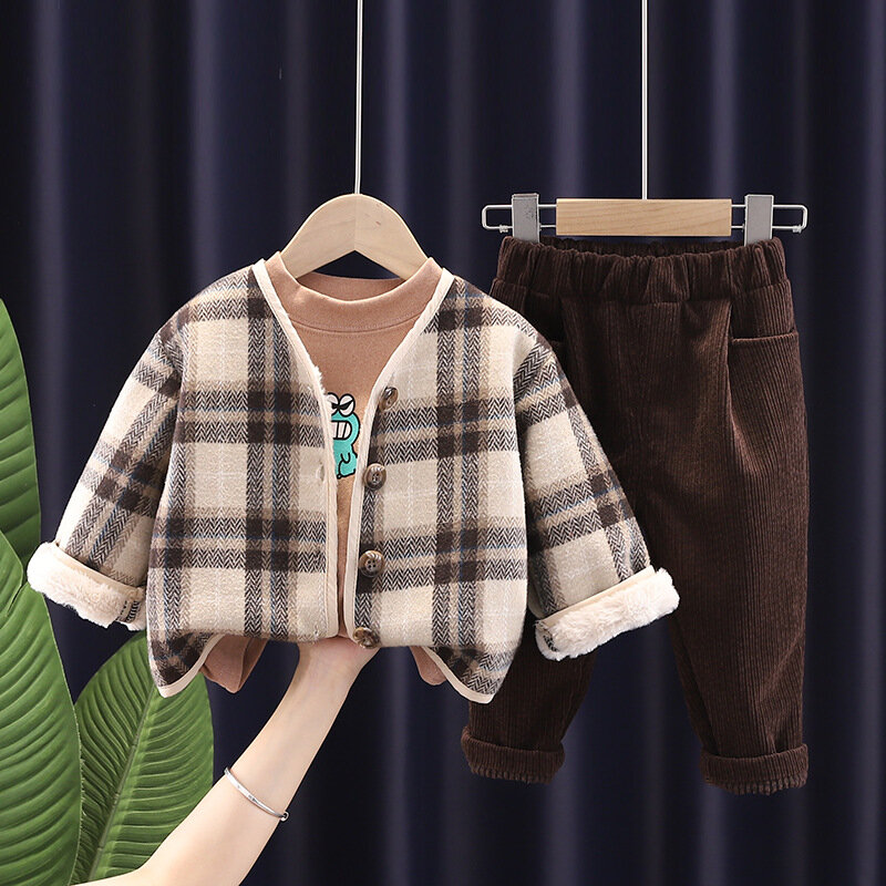 Traje de tres piezas para niños pequeños y medianos, chaqueta de forro polar y calor a prueba de viento, suéter, pantalones informales