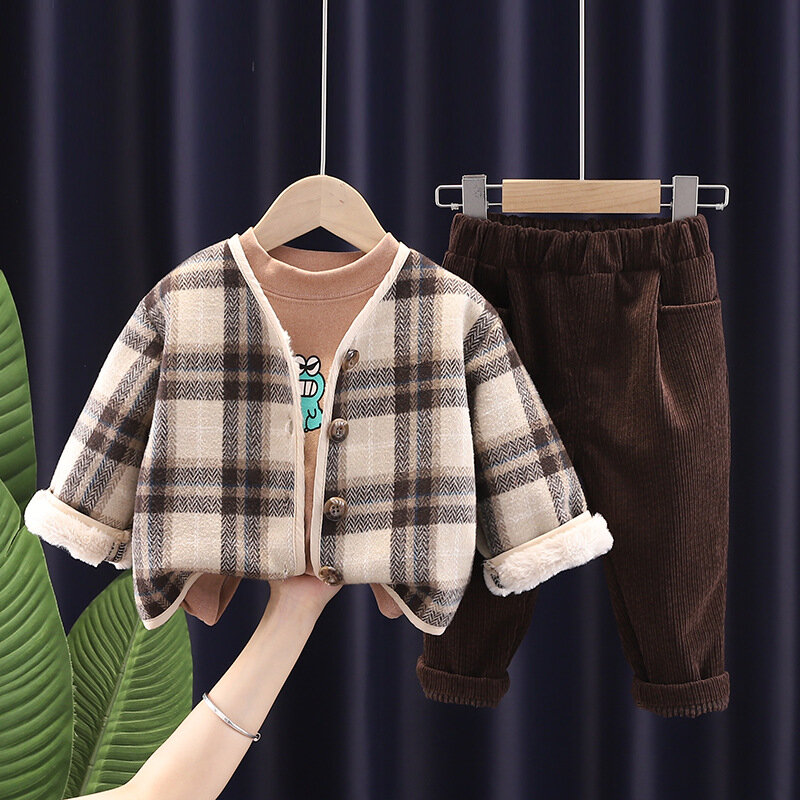 Three-piece suit of small and medium-sized boys small plaid windproof warmth and fleece jacket bottoming sweater casual trousers