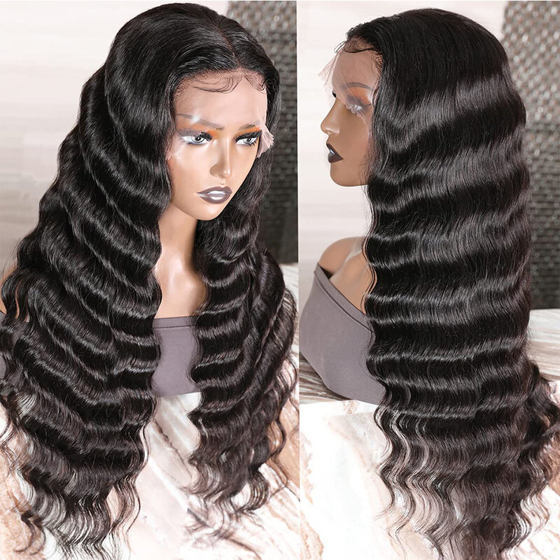 Peluca de cabello humano malayo con ondas profundas para mujer, postizo de encaje Frontal 13x4, transparente, HD