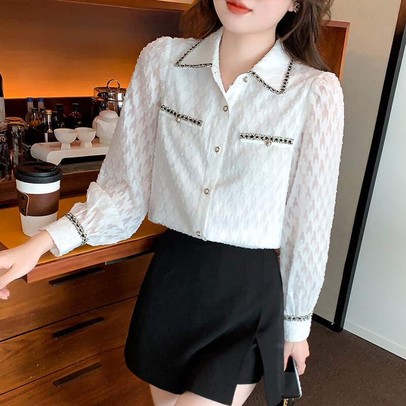 Camisa de gasa blanca para mujer, blusa elegante de manga larga con botones a la moda para otoño, 2021